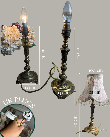 Vintage Brass Candlestick Table Lamps with Floral Lampshades  – Matching Pair
