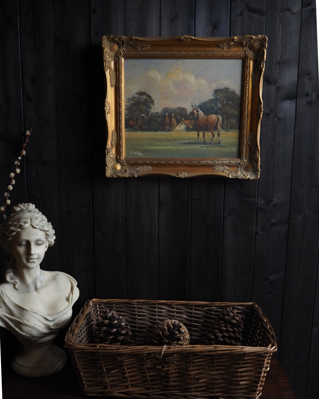 Charles Clift Original Oil Painting Landscape Farm Horse Antique Gold Ornate Frame