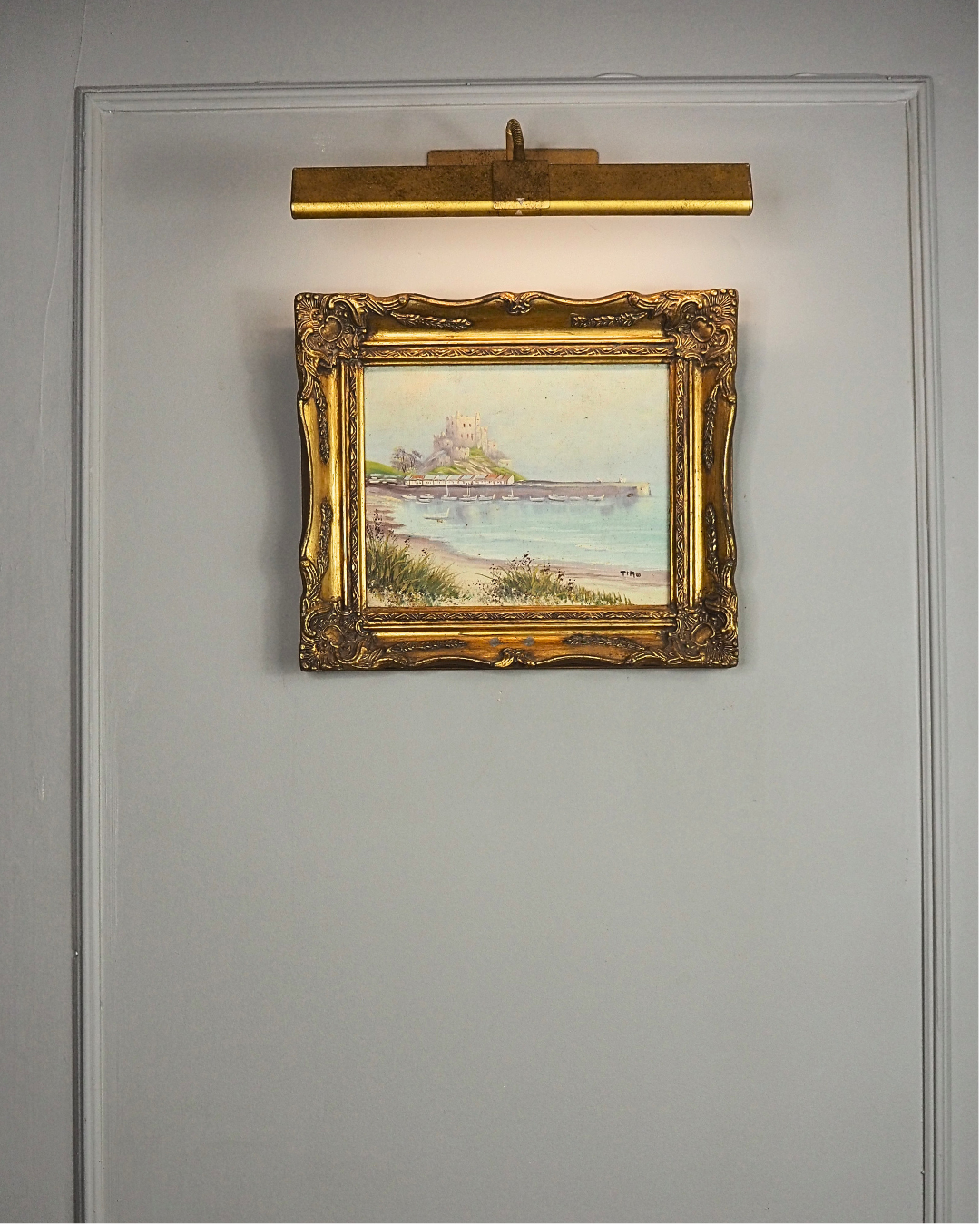 Vintage Signed Mont Orgueil Castle Oil Painting in Gold Ornate Frame