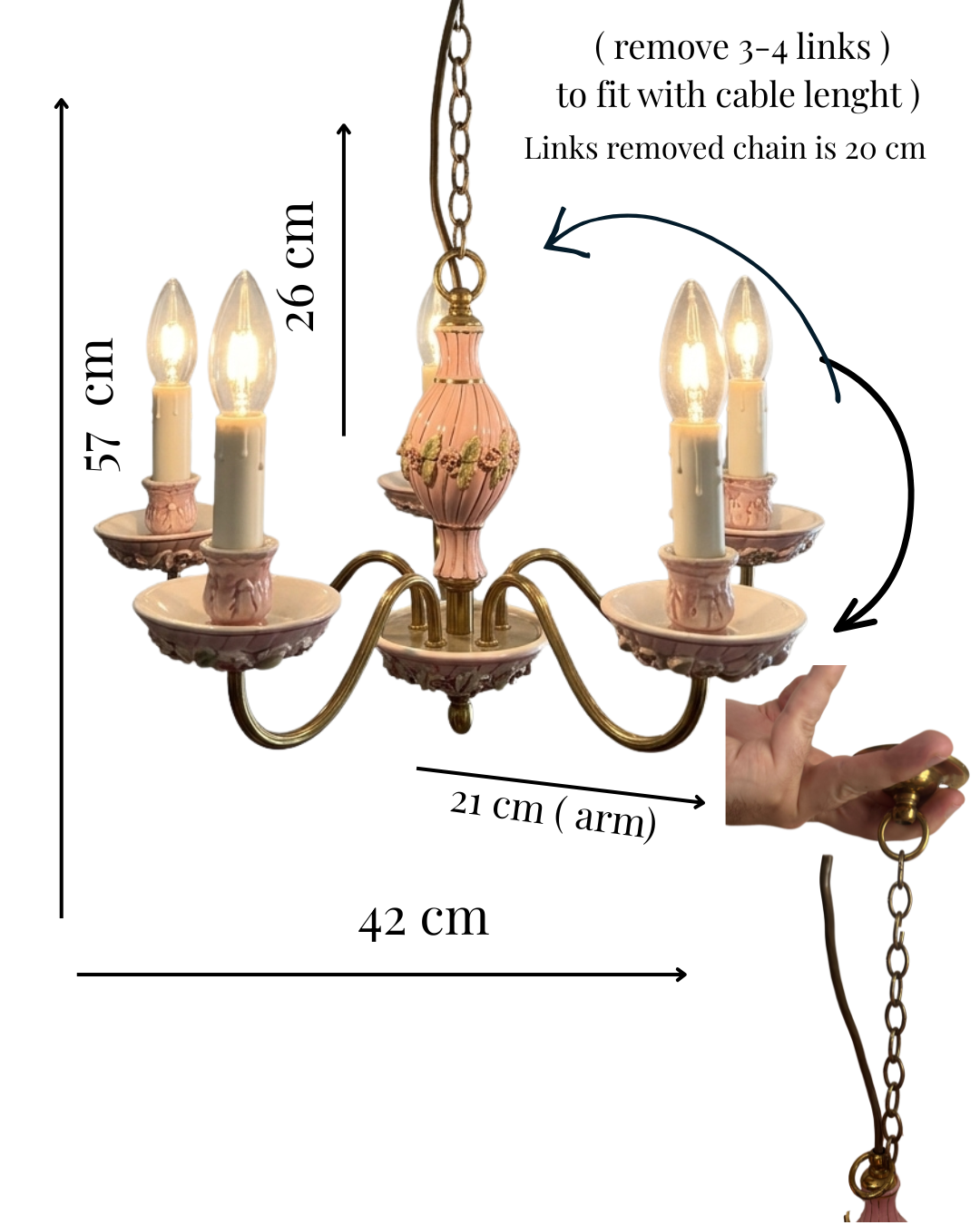 Vintage Italian Porcelain & Brass Chandelier, 5 Arm 5 Light, Pink Floral Rococo Boudoir Ceiling Light
