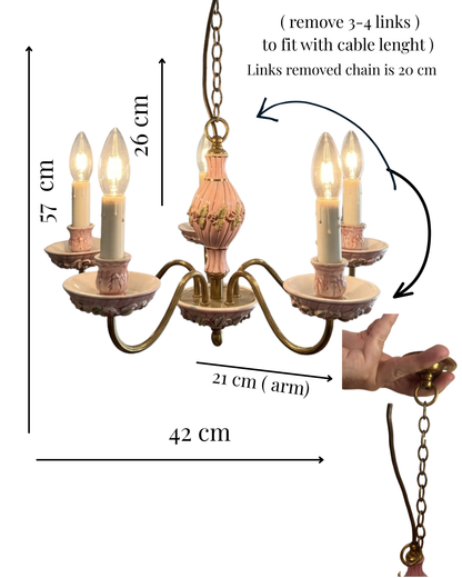 Vintage Italian Porcelain & Brass Chandelier, 5 Arm 5 Light, Pink Floral Rococo Boudoir Ceiling Light