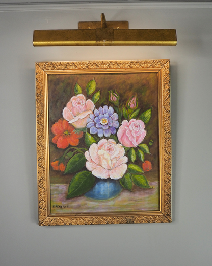 Vintage Floral Oil Painting by E. Henstock: Antique Gold Frame 43 x 35 cm