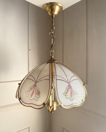 Vintage 1980s Retro  Art Nouveau 3 Light Tulip Floral Brass & Frosted Glass Pendant Light