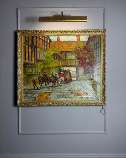 Original Vintage Oil Painting – English Coaching Inn Courtyard Scene by A. Calway '82