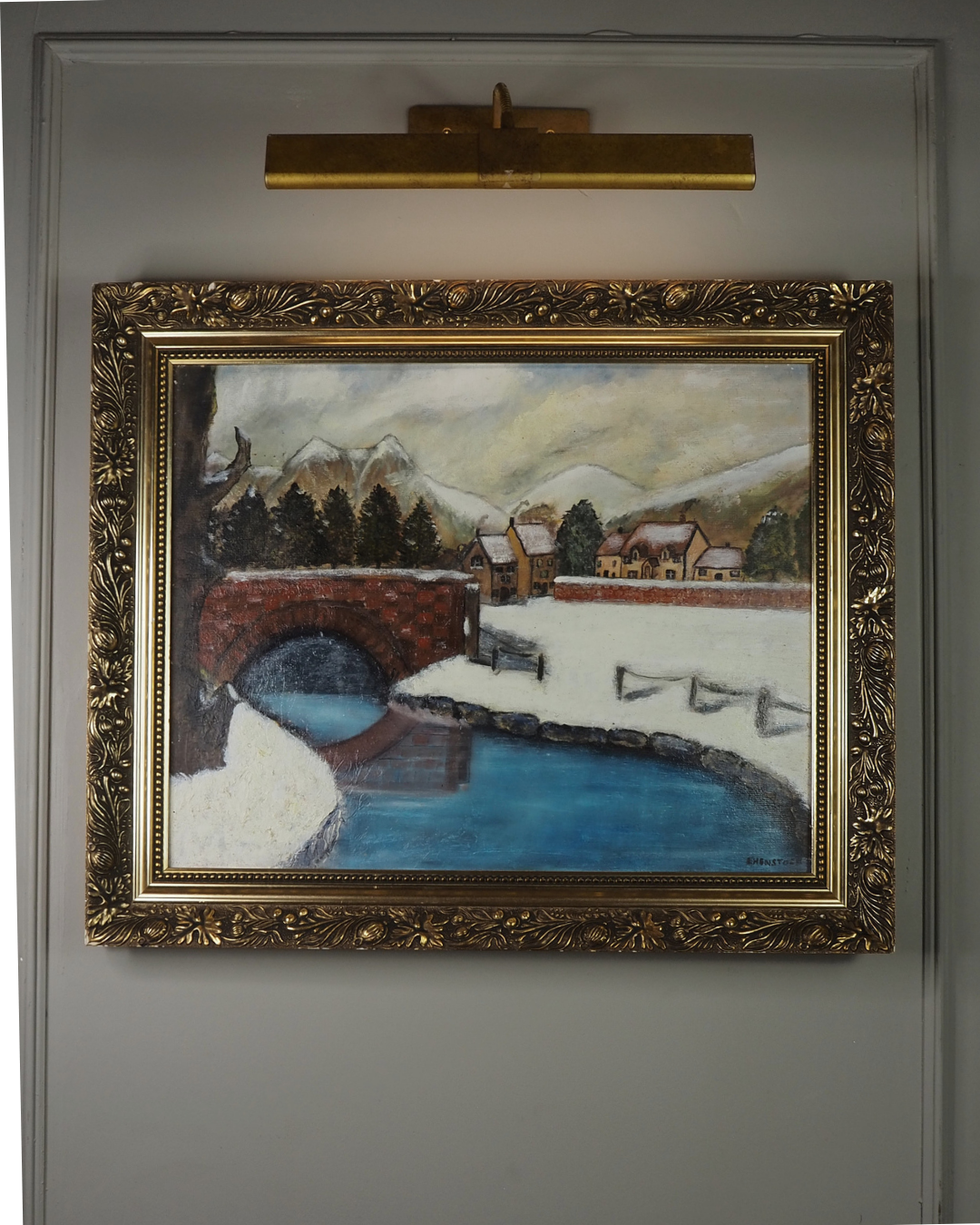 Vintage Large Winter Scenery Oil Painting by E. Henstock
