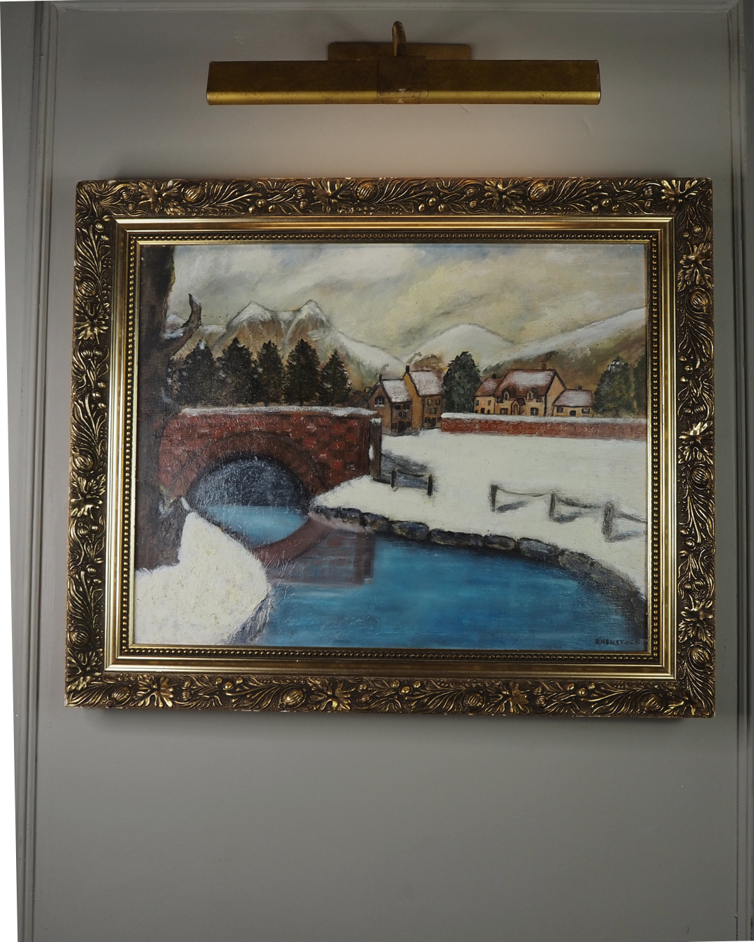 Vintage Large Winter Scenery Oil Painting by E. Henstock