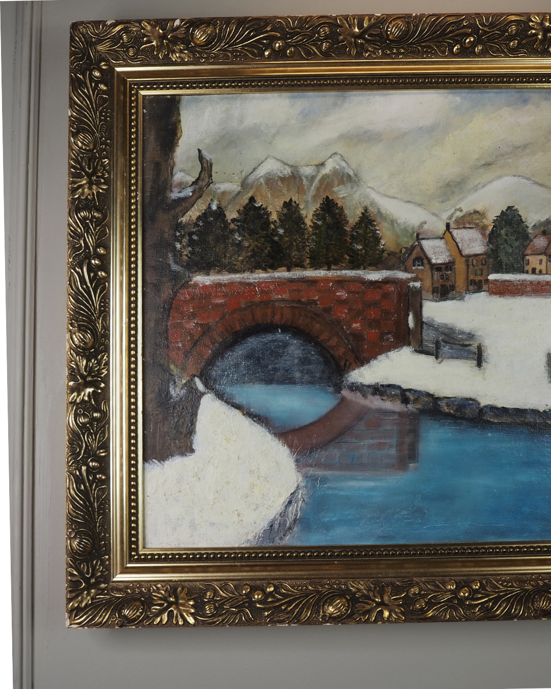 Vintage Large Winter Scenery Oil Painting by E. Henstock