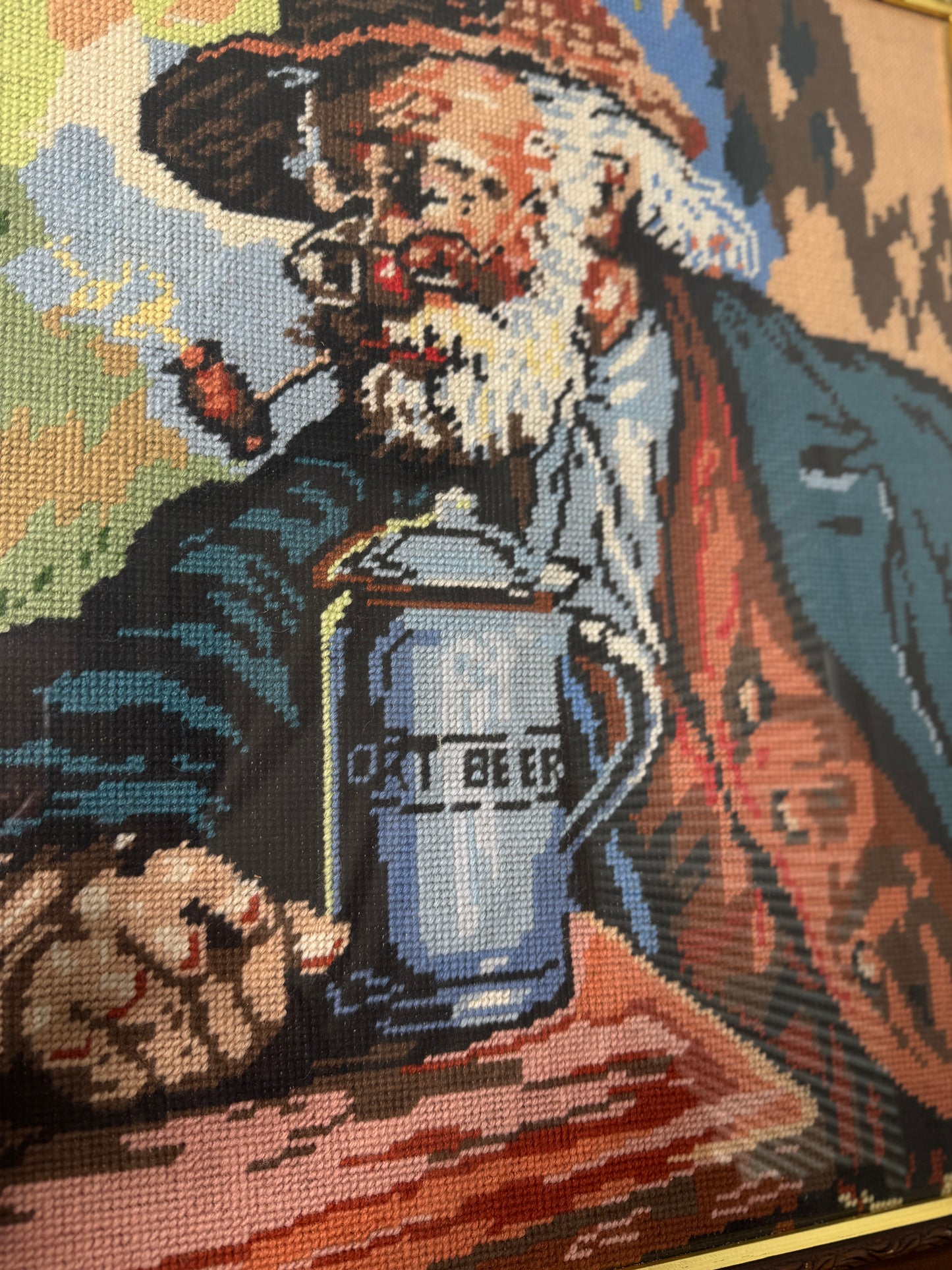 Hand-Stitched Gobelin Embroidery Art – Portrait of an Old Man with Beer