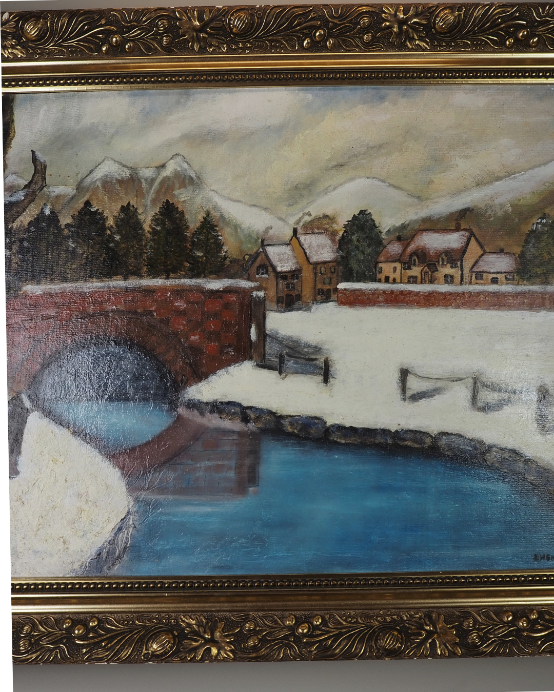 Vintage Large Winter Scenery Oil Painting by E. Henstock