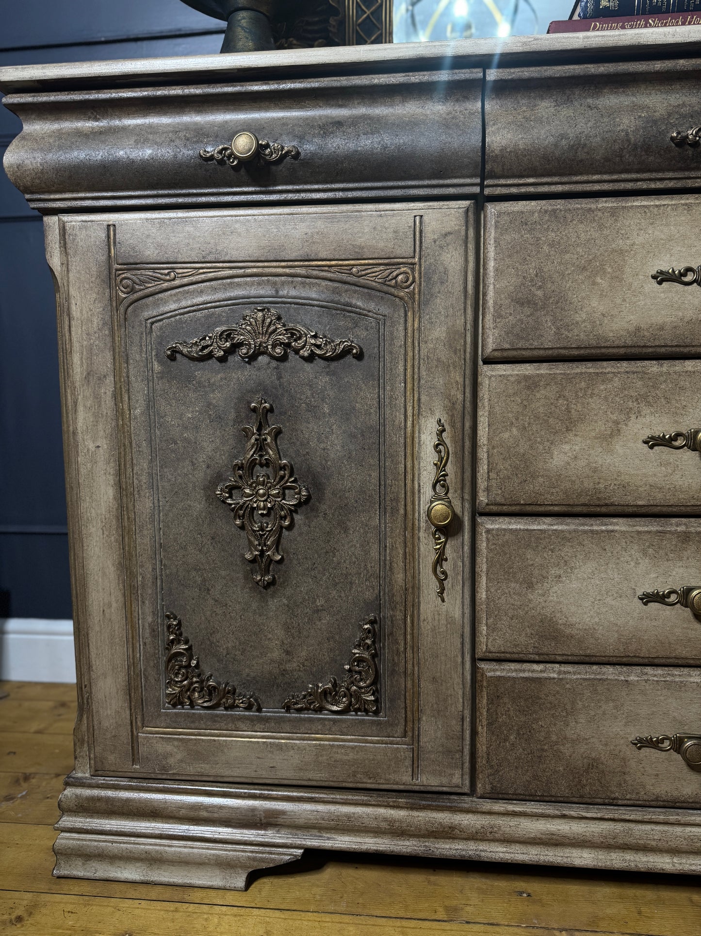 Vintage French-Inspired Upcycled Sideboard | Heavily Distressed 7-Drawer + 2 Cabinet Buffet with Original Brass Handles