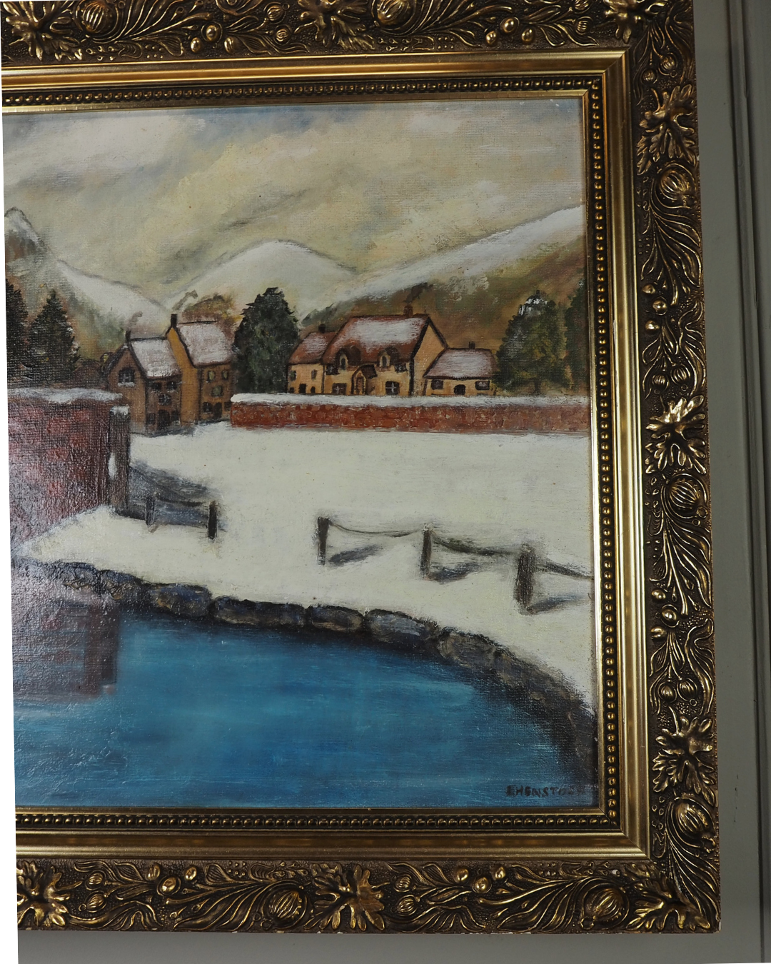 Vintage Large Winter Scenery Oil Painting by E. Henstock