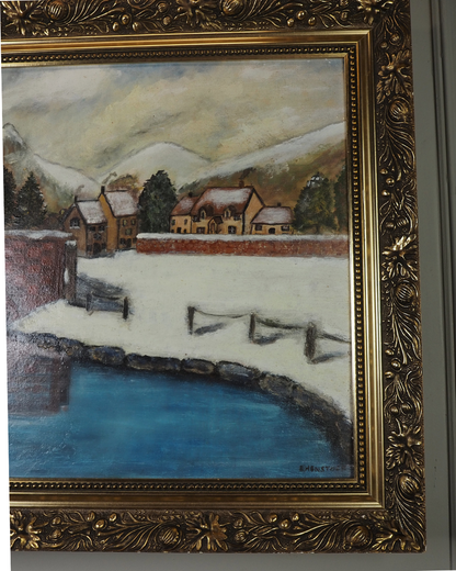 Vintage Large Winter Scenery Oil Painting by E. Henstock