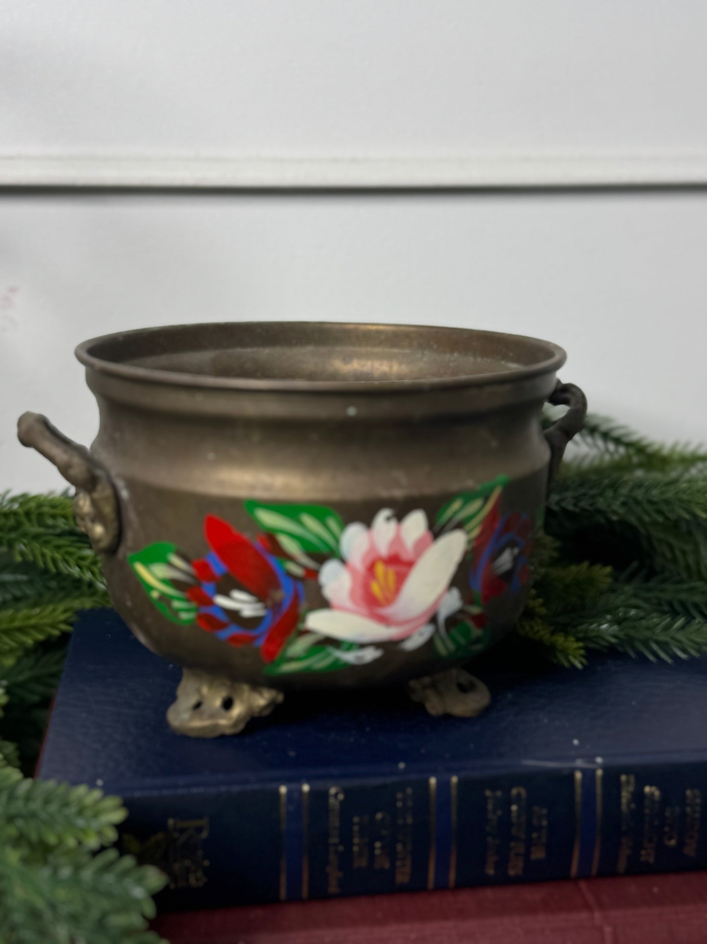 Hand-Painted Brass Pot | Vintage Folk Floral Pattern Planter