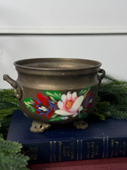 Hand-Painted Brass Pot | Vintage Folk Floral Pattern Planter
