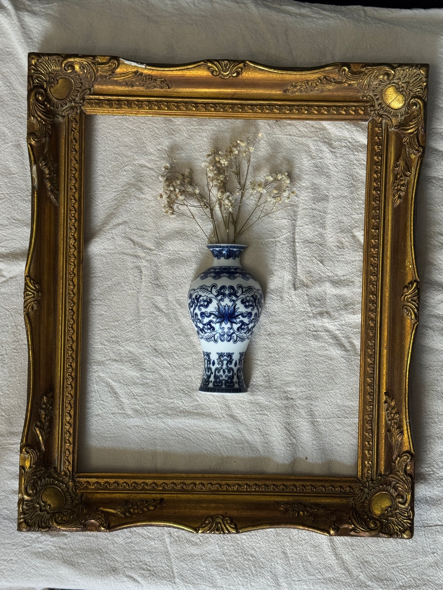 Vintage Gallery Wall Set | Gold Ornate Frame with Vase Trio & Dried Flowers | Decorative Wall Decor