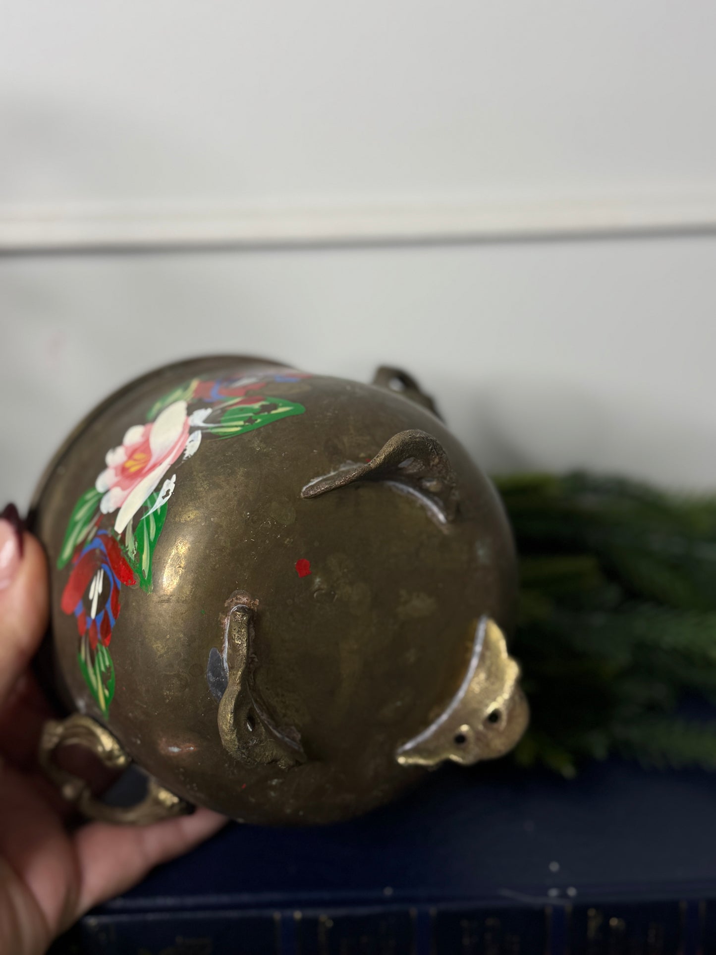 Hand-Painted Brass Pot | Vintage Folk Floral Pattern Planter