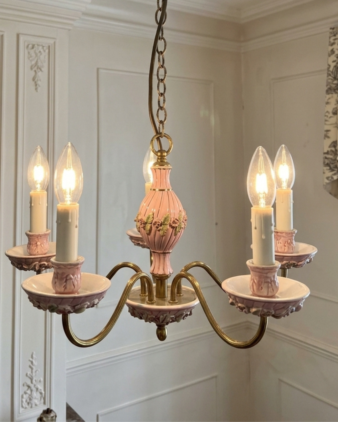 Vintage Italian Porcelain & Brass Chandelier, 5 Arm 5 Light, Pink Floral Rococo Boudoir Ceiling Light