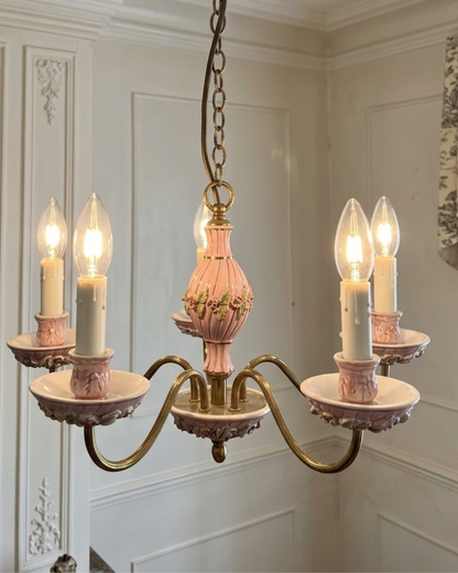Vintage Italian Porcelain & Brass Chandelier, 5 Arm 5 Light, Pink Floral Rococo Boudoir Ceiling Light