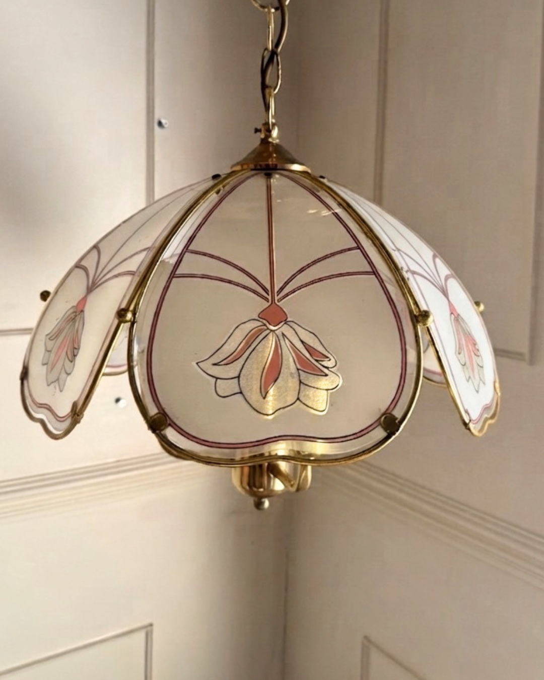 Vintage 1980s Retro  Art Nouveau 3 Light Tulip Floral Brass & Frosted Glass Pendant Light