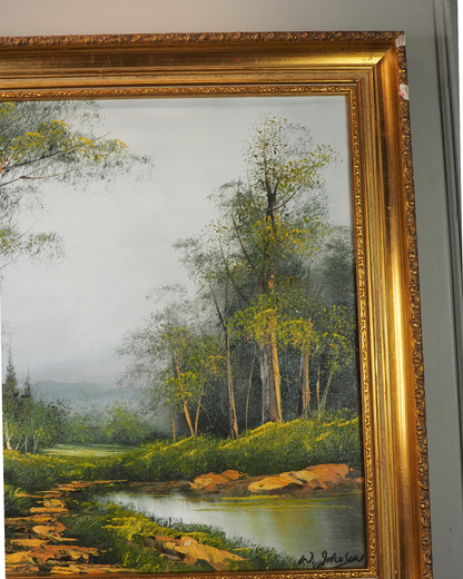 Vintage Mid-Century Oil Painting – Forest River Stream Landscape by W.Johnson