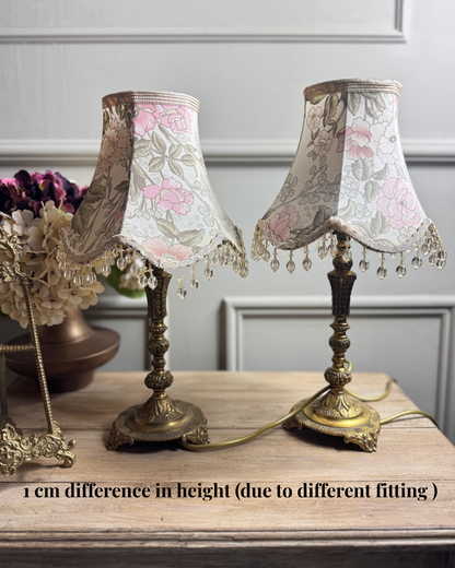 Vintage Brass Candlestick Table Lamps with Floral Lampshades  – Matching Pair