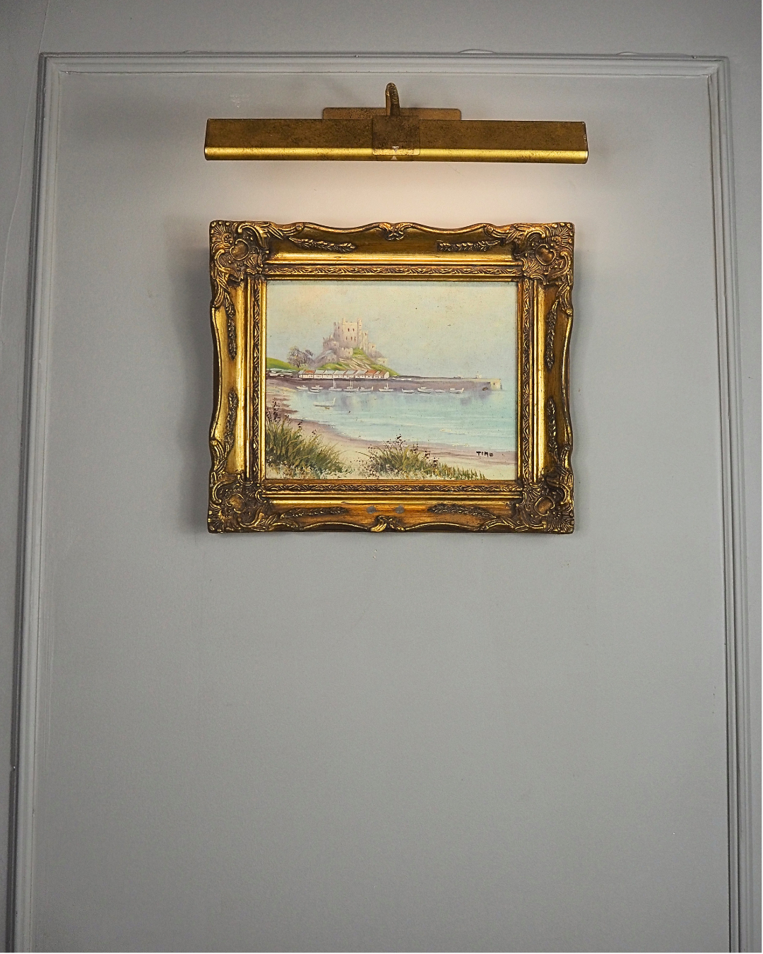 Vintage Signed Mont Orgueil Castle Oil Painting in Gold Ornate Frame