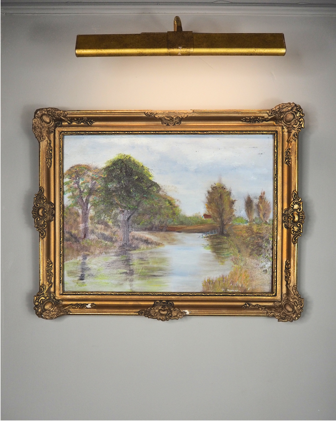 Original Oil Painting – Rustic Field Landscape by D. Walker in Gold Chippendale Frame