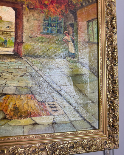 Original Vintage Oil Painting – English Coaching Inn Courtyard Scene by A. Calway '82