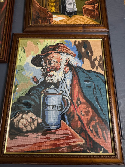 Hand-Stitched Gobelin Embroidery Art – Portrait of an Old Man with Beer