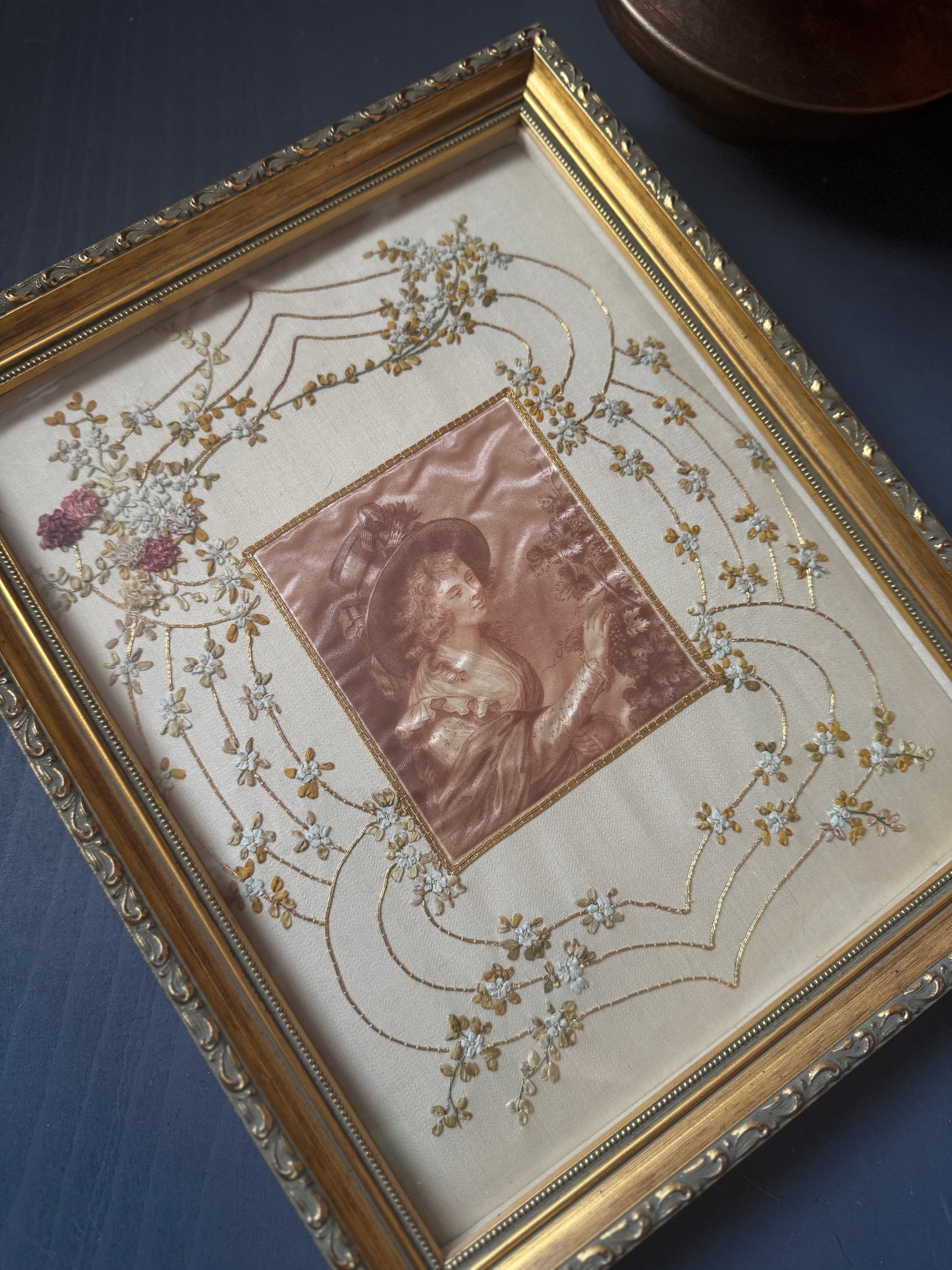Antique Padded Silk-on-Silk Embroidery on Board in Ornate Gold Gilt Frame