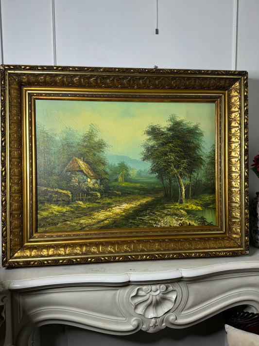 Antique Ornate Gold Frame with 1970s K. Bowman Original Oil Painting
