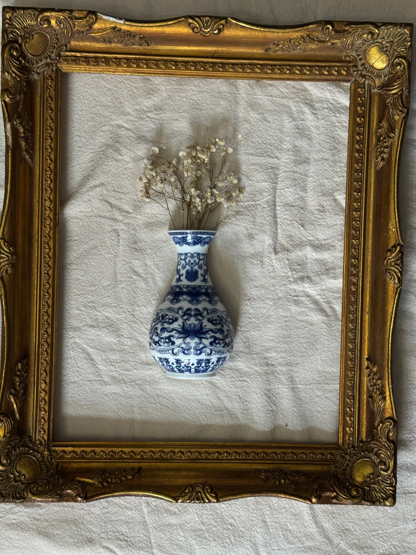 Vintage Gallery Wall Set | Gold Ornate Frame with Vase Trio & Dried Flowers | Decorative Wall Decor