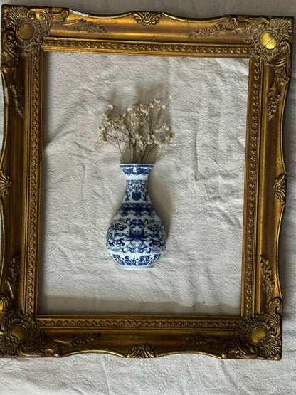Vintage Gallery Wall Set | Gold Ornate Frame with Vase Trio & Dried Flowers | Decorative Wall Decor