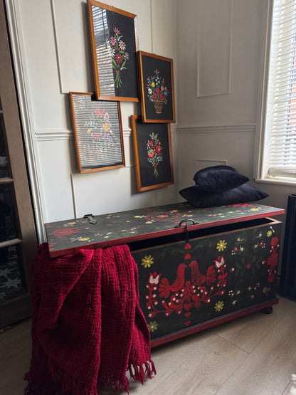 Large Vintage Hungarian Hand-Painted Folk Blanket Box / Toy Storage Chest