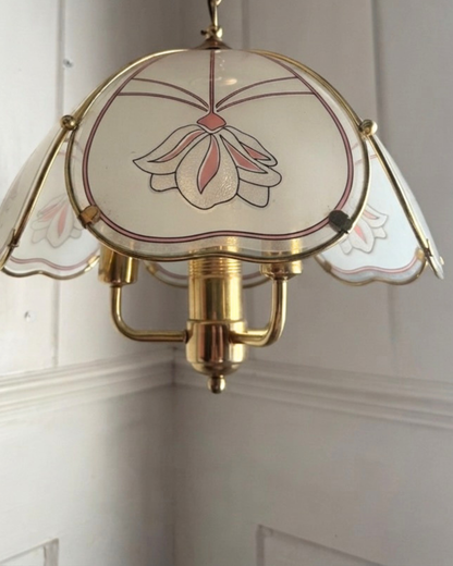 Vintage 1980s Retro  Art Nouveau 3 Light Tulip Floral Brass & Frosted Glass Pendant Light