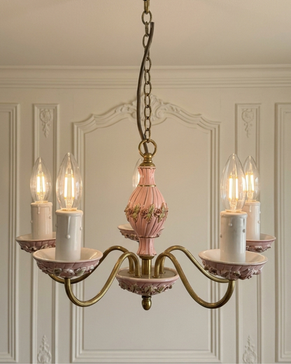 Vintage Italian Porcelain & Brass Chandelier, 5 Arm 5 Light, Pink Floral Rococo Boudoir Ceiling Light