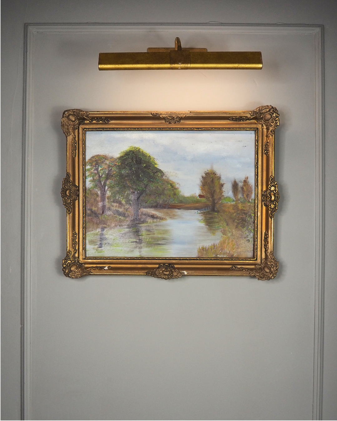 Original Oil Painting – Rustic Field Landscape by D. Walker in Gold Chippendale Frame