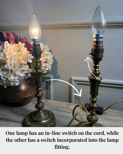 Vintage Brass Candlestick Table Lamps with Floral Lampshades  – Matching Pair