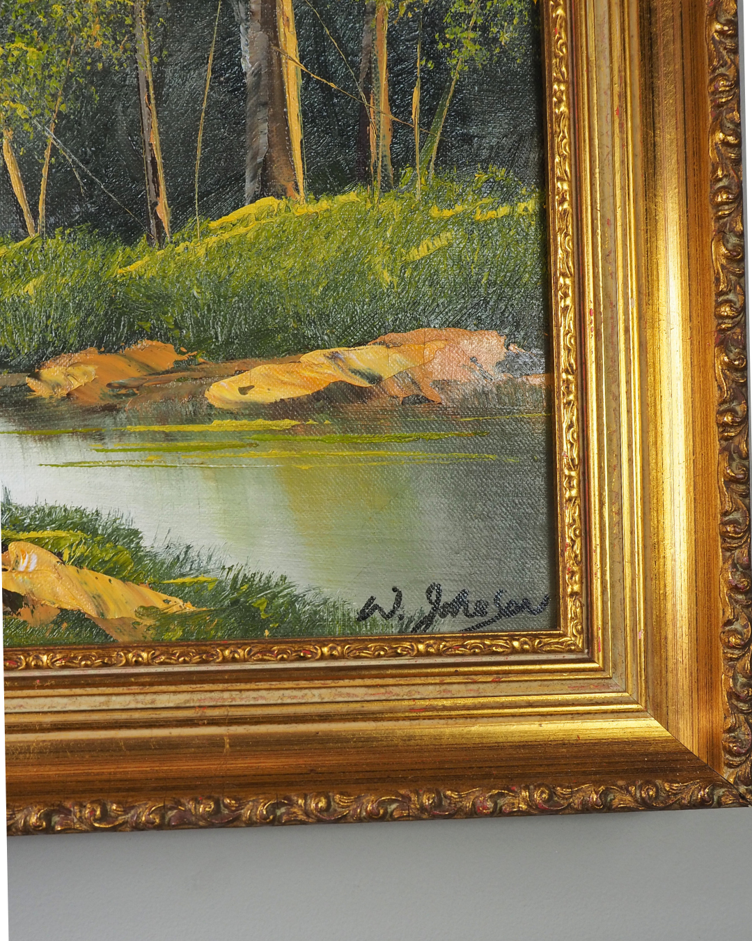 Vintage Mid-Century Oil Painting – Forest River Stream Landscape by W.Johnson