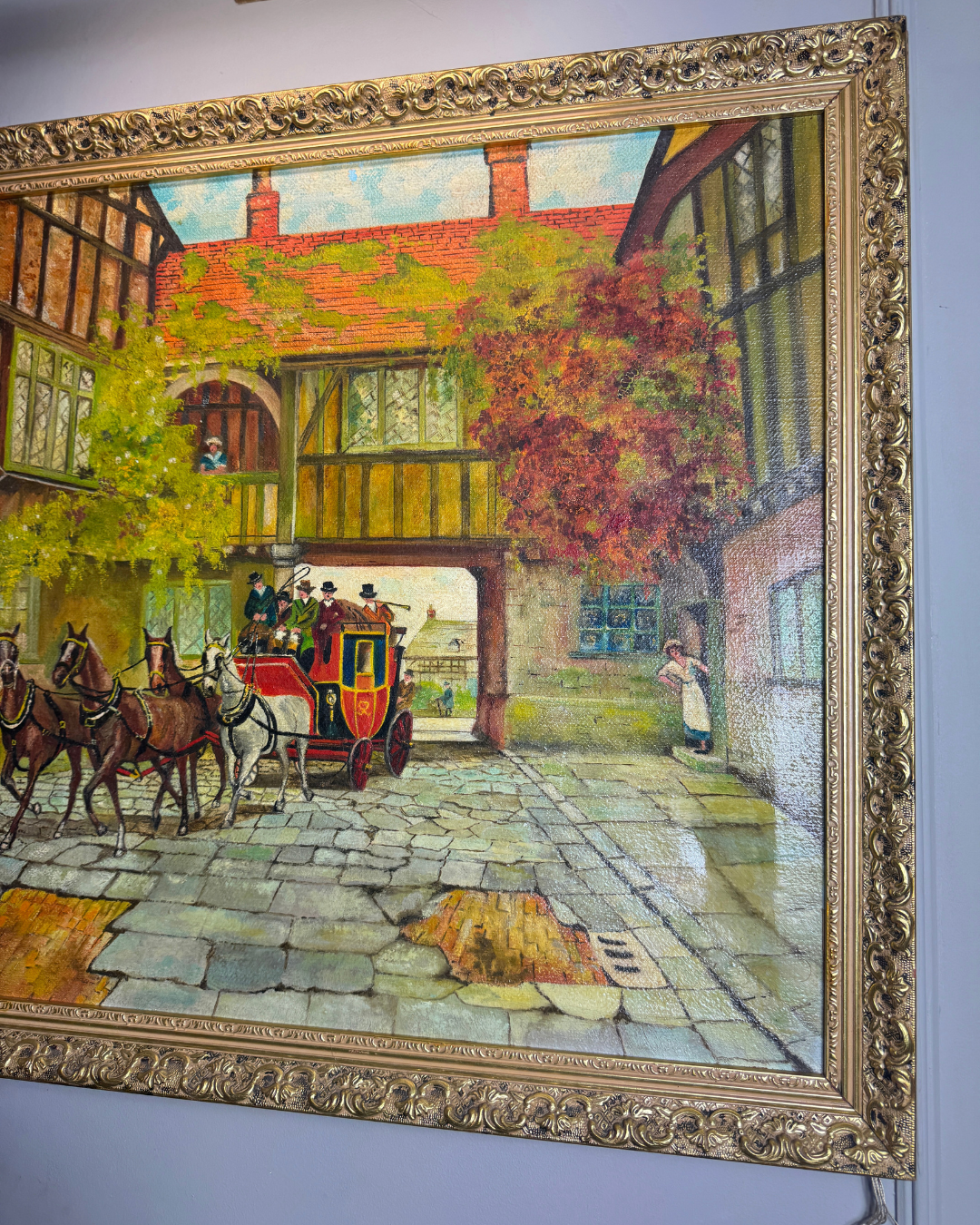 Original Vintage Oil Painting – English Coaching Inn Courtyard Scene by A. Calway '82