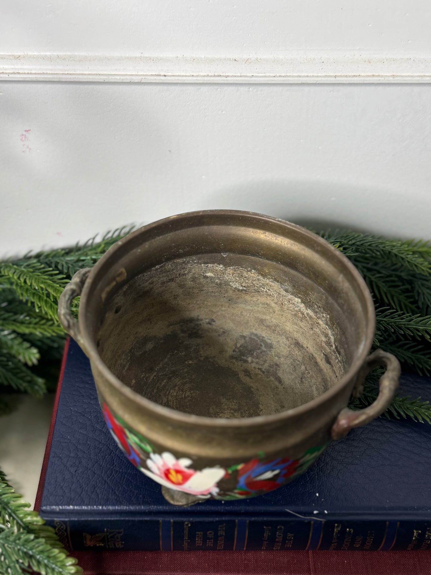 Hand-Painted Brass Pot | Vintage Folk Floral Pattern Planter
