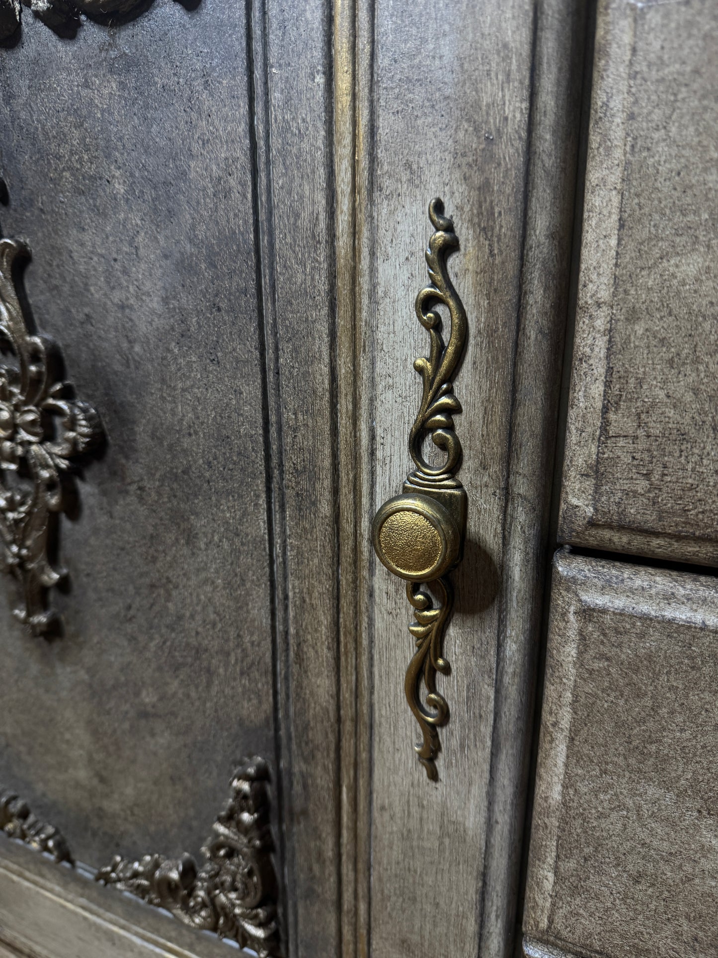 Vintage French-Inspired Upcycled Sideboard | Heavily Distressed 7-Drawer + 2 Cabinet Buffet with Original Brass Handles