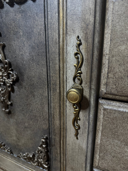 Vintage French-Inspired Upcycled Sideboard | Heavily Distressed 7-Drawer + 2 Cabinet Buffet with Original Brass Handles