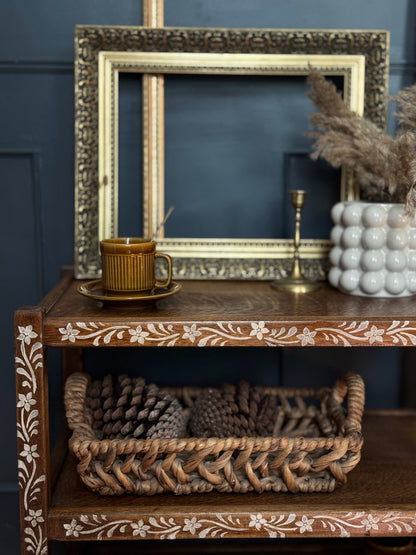 Upcycled Mid-Century Drinks Trolley | Hand-Painted Folk Art Bar Cart | Vintage Tea Cart with Wheels