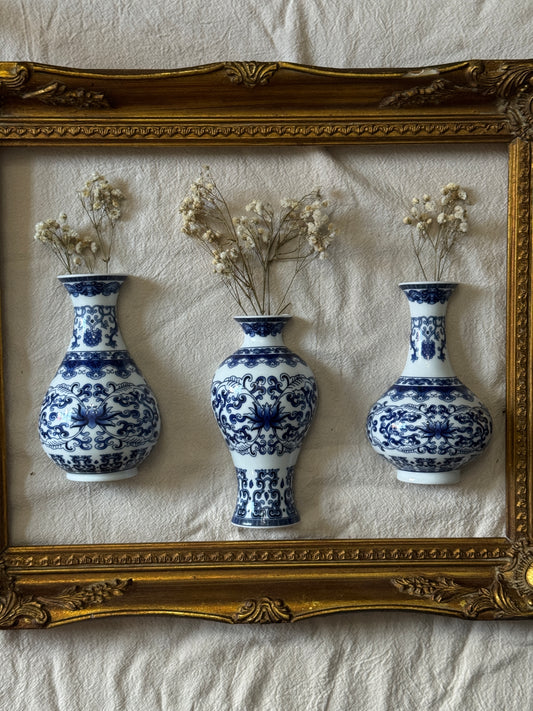 Vintage Gallery Wall Set | Gold Ornate Frame with Vase Trio & Dried Flowers | Decorative Wall Decor