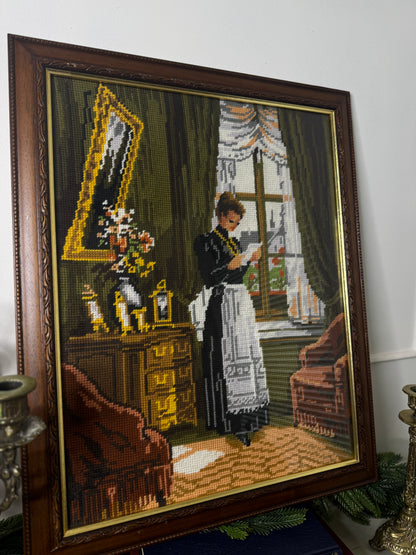 “The Reading Servant” – Hand-Stitched Gobelin Embroidery Art