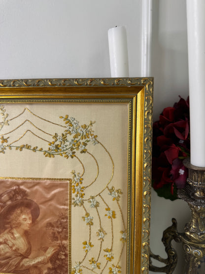 Antique Padded Silk-on-Silk Embroidery on Board in Ornate Gold Gilt Frame