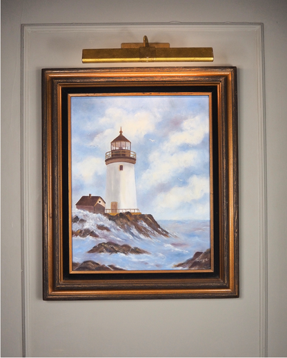 Vintage Lighthouse Oil Painting Signed Mary C, Framed Coastal Seascape Art