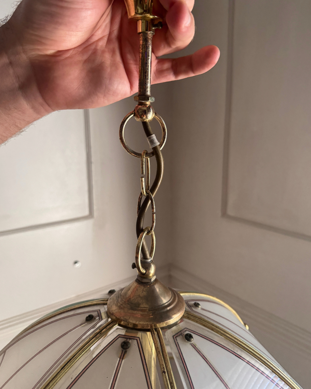 Vintage 1980s Retro  Art Nouveau 3 Light Tulip Floral Brass & Frosted Glass Pendant Light