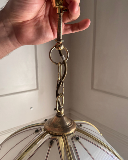 Vintage 1980s Retro  Art Nouveau 3 Light Tulip Floral Brass & Frosted Glass Pendant Light